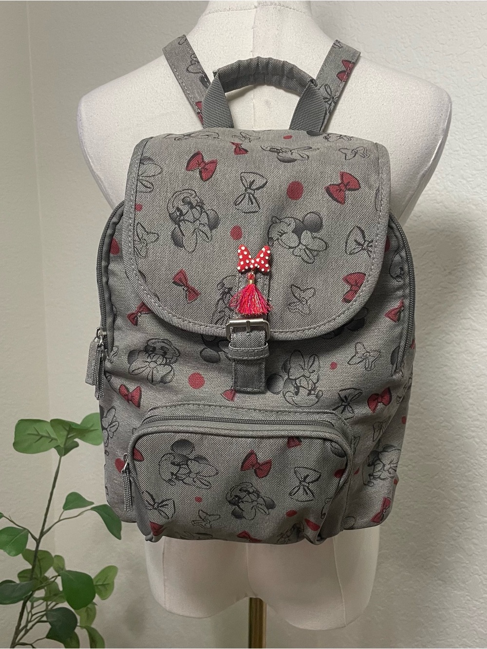 Disney Parks Minnie Mouse Mini Backpack Gray Red Bow Print NWOT
